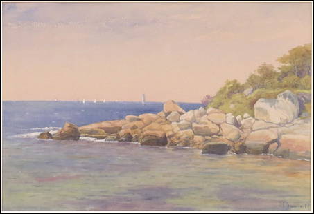 RICHARD BUCKNER GRUELLE (1851-1914) THE SHORELINE.: RICHARD BUCKNER GRUELLE (1851-1914) THE SHORELINE. Watercolor on paper. Signed and dated 97 LR Sight: 13" x 19"
