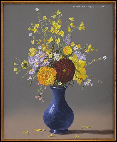 PIERO ANTONELLI (ITALIAN, 1916-1989) FLORAL ARRANGEMENT: PIERO ANTONELLI (ITALIAN, 1916-1989) FLORAL ARRANGEMENT IN A BLUE VASE,1970. Oil on board. Signed UR. Frame: 19" x 17" Board: 12" x 10"