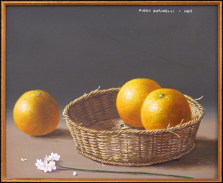 PIERO ANTONELLI (ITALIAN, 1916-1989) ORANGES AND BASKET: PIERO ANTONELLI (ITALIAN, 1916-1989) ORANGES AND BASKET, 1969. Oil on board. Signed UR. Frame: 17" x 19" Board: 10" x 12"