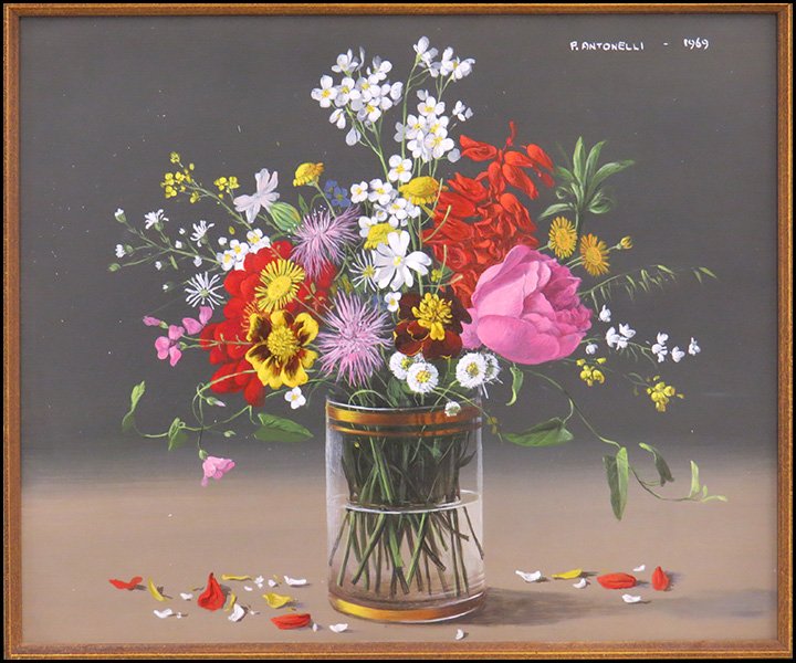 PIERO ANTONELLI (ITALIAN, 1916-1989) FIELD FLORAL ARRAN: PIERO ANTONELLI (ITALIAN, 1916-1989) FIELD FLORAL ARRANGEMENT, 1969. Oil on board. Signed UR. Frame: 17.5" x 19.5" Board: 10" x 12"