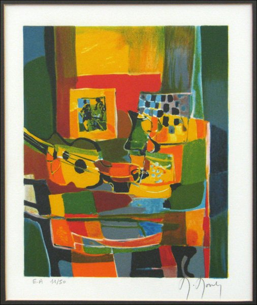 MARCEL MOULY (FRENCH, 1918-2008) GUITAR.: MARCEL MOULY (FRENCH, 1918-2008) GUITAR. Lithograph, edition E. A. 11/50. Pencil signed LR. Frame: 19" x 18" Sight: 11.5" x 10"