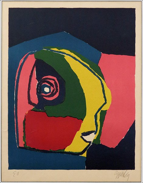 KAREL APPEL (DUTCH, 1921-2006) ABSTRACT FACE.: KAREL APPEL (DUTCH, 1921-2006) ABSTRACT FACE. Lithograph, edition E. A. Pencil signed LR. Frame: 36" x 29" Sight: 28" x 22"