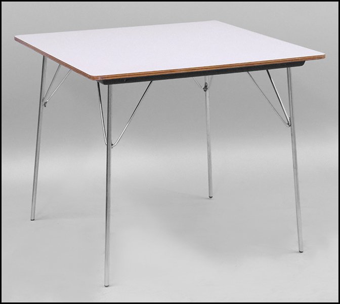 CHARLES & RAY EAMES FOR HERMAN MILLER DTM FOLDING TABLE: CHARLES & RAY EAMES FOR HERMAN MILLER DTM FOLDING TABLE. With laminate top and folding metal legs 28'' x 34'' x 34''