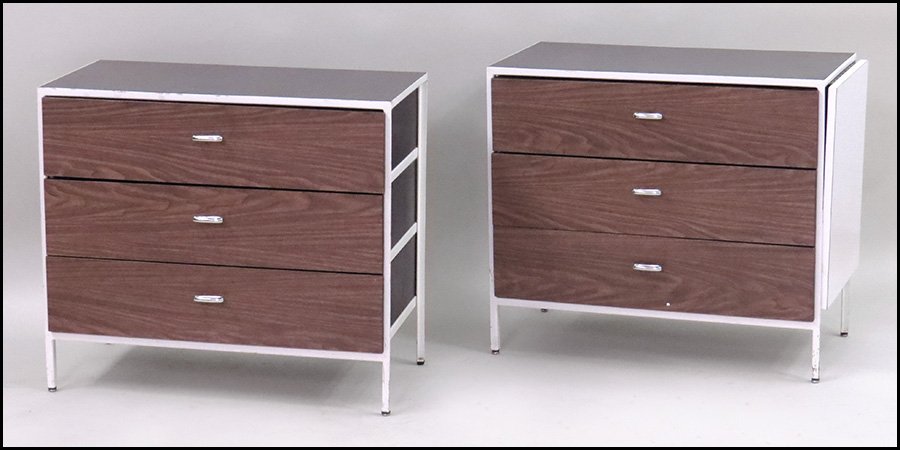PAIR OF GEORGE NELSON FOR HERMAN MILLER STEELFRAME THRE: PAIR OF GEORGE NELSON FOR HERMAN MILLER STEELFRAME THREE-DRAWER CHESTS. 29'' x 34'' x 17''