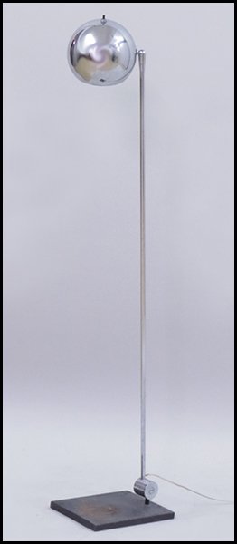 MID-CENTURY MODERN CHROME FLOOR LAMP.: MID-CENTURY MODERN CHROME FLOOR LAMP. With single globe shade H: 54''