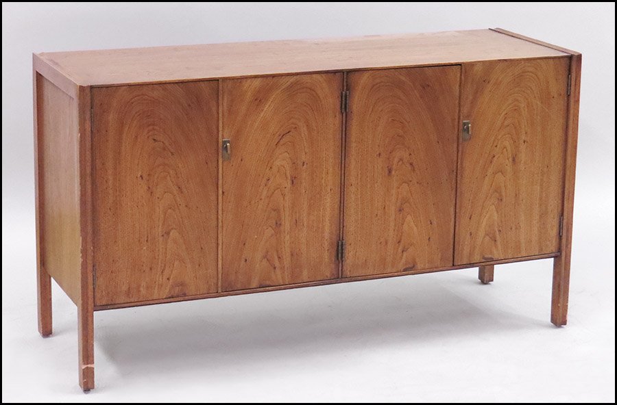 MID-CENTURY MODERN FRUITWOOD CREDENZA.: MID-CENTURY MODERN FRUITWOOD CREDENZA. With four cupboard doors 30'' x 64'' x 18''