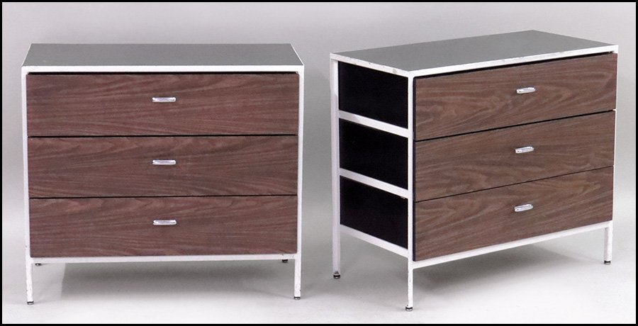 PAIR OF GEORGE NELSON FOR HERMAN MILLER STEELFRAME THRE: PAIR OF GEORGE NELSON FOR HERMAN MILLER STEELFRAME THREE-DRAWER CHESTS. 29'' x 34'' x 17''