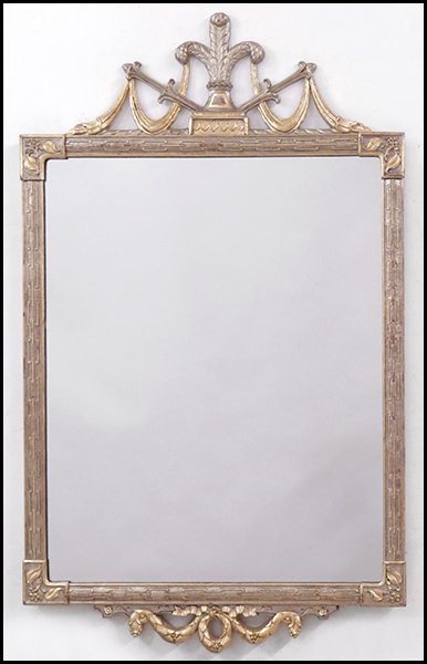 GILTWOOD AND PLASTER MIRROR.: GILTWOOD AND PLASTER MIRROR. Bearing Fleur-de-Lis and foliate decoration 44" x 26.5"
