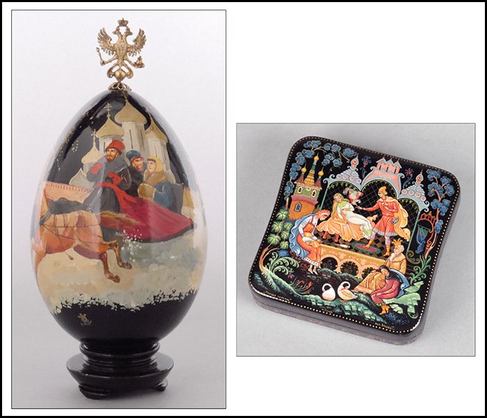 RUSSIAN LACQUERED AND PAINTED WOODEN EGG.: RUSSIAN LACQUERED AND PAINTED WOODEN EGG. Together with Russian lacquered wood box. Egg is raised on a separate 1.25" wood stand and has a patinated metal double eagle finial. Egg is signed 'L. Tsypin