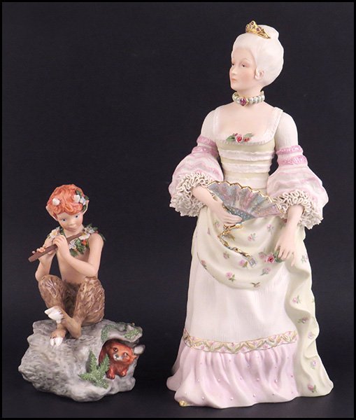 CYBIS 'GOOD QUEEN ANNE' PORCELAIN FIGURE.: CYBIS 'GOOD QUEEN ANNE' PORCELAIN FIGURE. Together with a Cybis porcelain figure of a faun playing the flute. Queen Anne figure is numbered 312 and faun is numbered 809. Both bear Cybis signature and 