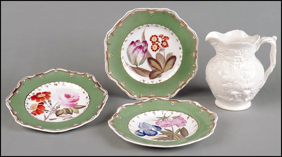 THREE SPODE PAINTED AND GILT PORCELAIN FELSPAR PLATES.: THREE SPODE PAINTED AND GILT PORCELAIN FELSPAR PLATES. Together with a Spode white porcelain pitcher Plate diameter: 9.25"