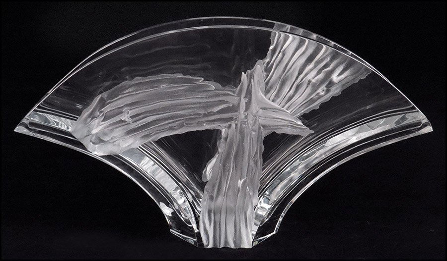 BACCARAT CLEAR AND FROSTED CRYSTAL FAN FORM VASE.: BACCARAT CLEAR AND FROSTED CRYSTAL FAN FORM VASE. Entitled "Texture of the Sky." Executed and signed by Thomas Bastide, 1998, France 12'' x 22.5'' x 5''