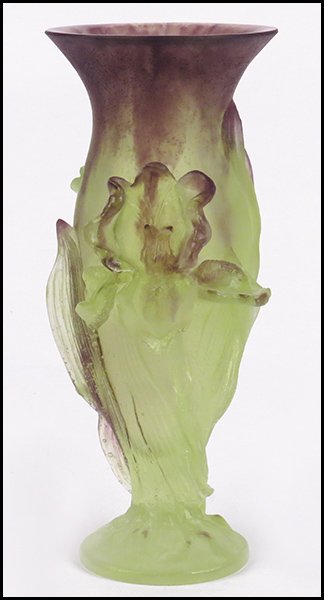 DAUM PATE DE VERRE VASE.: DAUM PATE DE VERRE VASE. Depicting irises in bloom. Made in France H: 11.5''