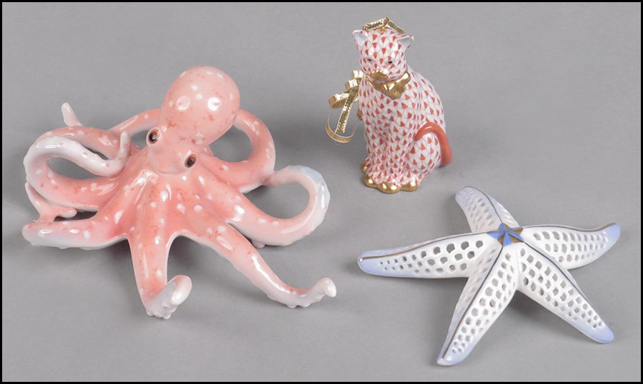 HEREND PORCELAIN STARFISH.: HEREND PORCELAIN STARFISH. Together with a Herend porcelain cat ornament, and a Franz porcelain octopus