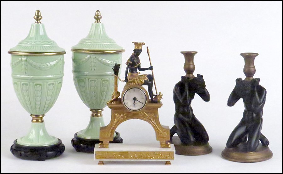 PAIR OF GERMAN PORCELAIN URNS FITTED AS LAMPS.: PAIR OF GERMAN PORCELAIN URNS FITTED AS LAMPS. Together with a pair of black figure candlesticks and a mantle clock depicting a warrior figure with snake Urn height with base: 14"