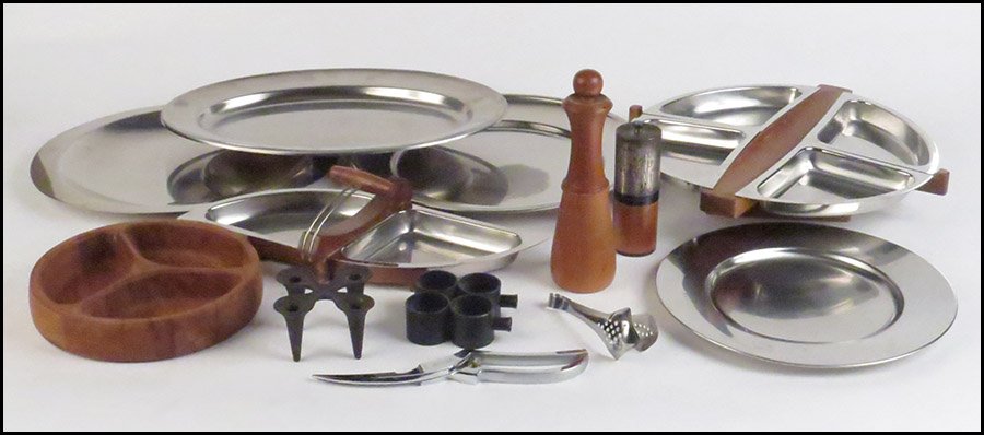 COLLECTION OF DANISH MODERN TABLE ARTICLES.: COLLECTION OF DANISH MODERN TABLE ARTICLES. Comprised of stainless steel trays, two salt and pepper shakers, two candlestick holders, two wood and stainless steel insert trays, tongs, and a wood bowl