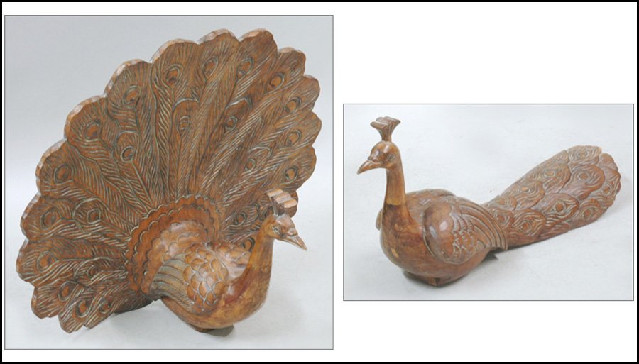 TWO CARVED WOOD PEACOCKS.: TWO CARVED WOOD PEACOCKS. Attributed to Maitland Smith Taller H: 23''