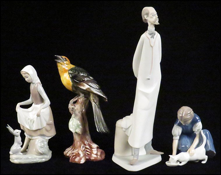 COLLECTION OF PORCELAIN FIGURES.: COLLECTION OF PORCELAIN FIGURES. Comprised of a Lladro figure of a doctor (H: 14.5''), a Lladro figure of a maiden and a bunny (H: 9''), a Bing & Grondahl figure of a girl and her cat (stamped B&G, Ma