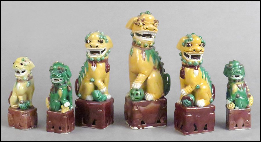SIX GLAZED CERAMIC FOO DOGS.: SIX GLAZED CERAMIC FOO DOGS. Tallest height: 10"