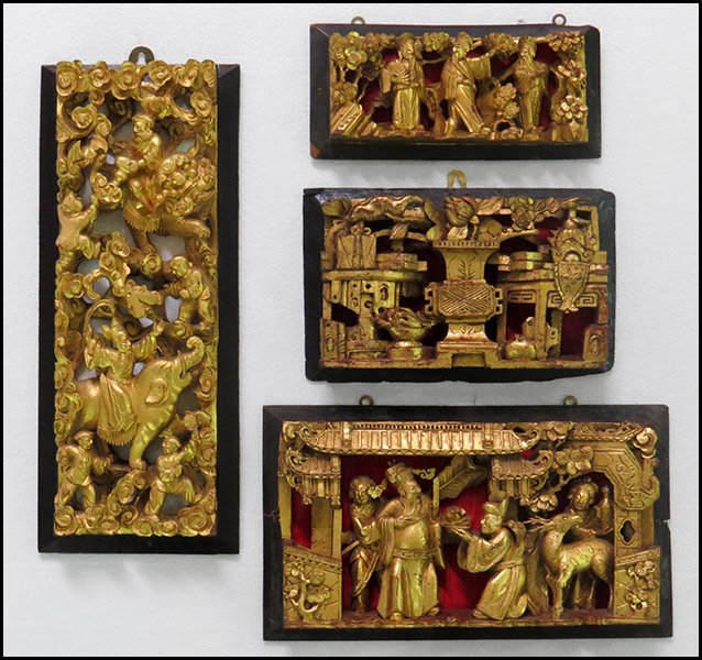 GROUP OF FOUR CHINESE CARVED AND GILTWOOD ALTAR PANELS.: GROUP OF FOUR CHINESE CARVED AND GILTWOOD ALTAR PANELS. Bearing emperors, empresses, elephants, and foliate decoration Tallest H: 17''