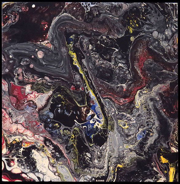 RICHARD MANN (AMERICAN, 20TH CENTURY) BLACK COMPOSITION: RICHARD MANN (AMERICAN, 20TH CENTURY) BLACK COMPOSITION. Acrylic on masonite. Signed "R.Mann" LC. With certificate of authenticity from Merrill Chase Sight: 24'' x 24'' Frame: 25.5'' x 25.5""