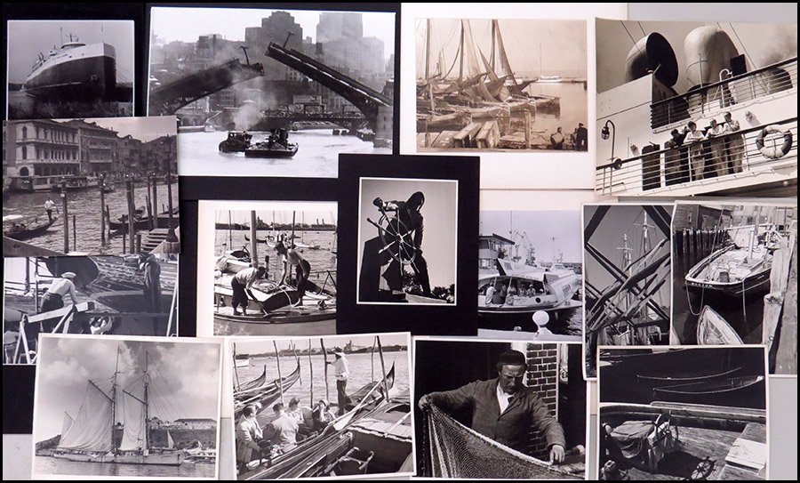 JAMES HOWLETT (AMERICAN, 20TH CENTURY) COLLECTION OF BL: JAMES HOWLETT (AMERICAN, 20TH CENTURY) COLLECTION OF BLACK AND WHITE NAUTICAL PHOTOGRAPHY. Comprised of over fifty images, depicting sailboats, schooners, capitans, sailors, harbors, boatyards, and do