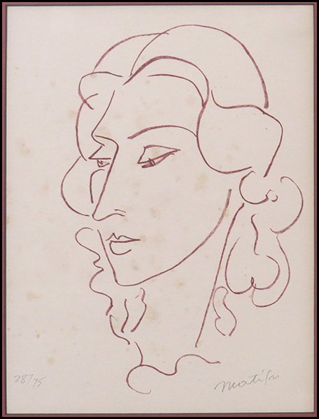 HENRI MATISSE (FRENCH, 1869-1954) UNTITLED.: HENRI MATISSE (FRENCH, 1869-1954) UNTITLED. Limited edition lithograph in sanguine, pencil numbered 28/75 LL and signed in plate LR Sight: 14" x 10.5" Frame: 23" x 19"