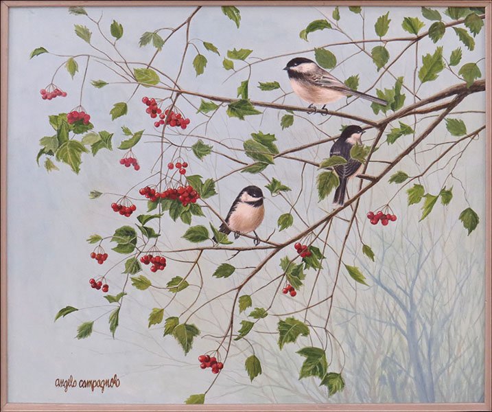 ANGELO CAMPGNOLO (AMERICAN, 20TH CENTURY) CHICKADEES.: ANGELO CAMPGNOLO (AMERICAN, 20TH CENTURY) CHICKADEES. Watercolor and acrylic on panel, signed LR Sight: 20"x23.5" Frame: 26"x30"