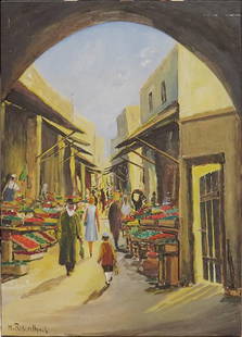 HARRY ROSENTHAL (20TH CENTURY) JERUSALEM: THE MAHANE ZE: HARRY ROSENTHAL (20TH CENTURY) JERUSALEM: THE MAHANE ZEHUDA MARKET. Wood collage, signed LL as well as titled and signed en verso 27"x19.5"