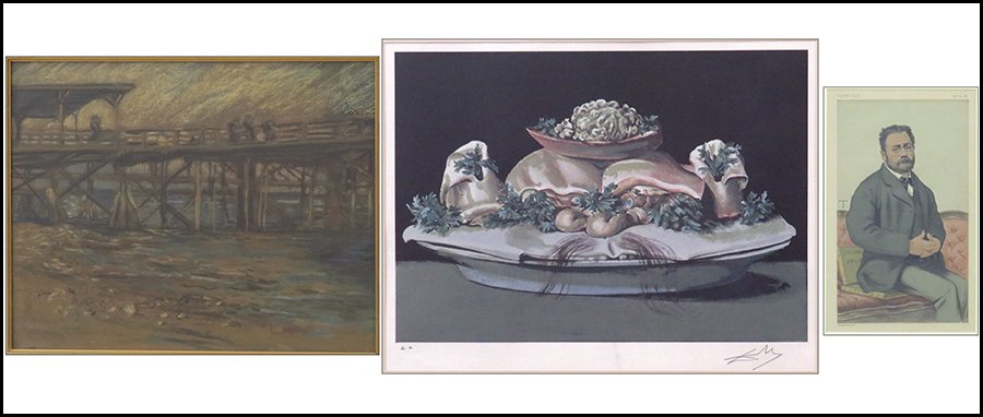 ARTIST UNKNOWN (20TH CENTURY) BOARDWALK SCENE.: ARTIST UNKNOWN (20TH CENTURY) BOARDWALK SCENE. Oil pastel on mat board, signed 'AC Soodyvin?' LL. Together with a framed chromolithograph of Emile Zola from Vanity Fair 1880 and a French chromolithogr