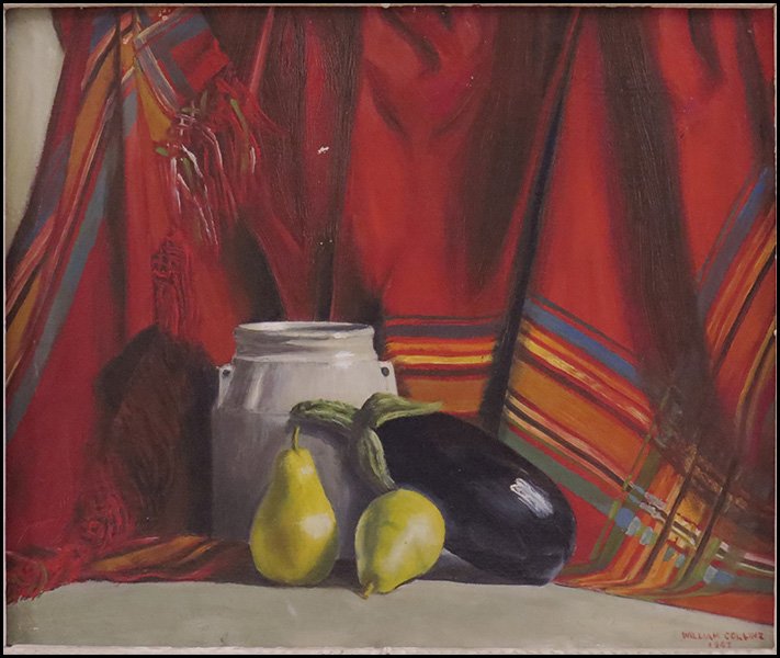 WILLIAM COLLINS (20TH CENTURY) STILL LIFE WITH RED BLAN: WILLIAM COLLINS (20TH CENTURY) STILL LIFE WITH RED BLANKET, 1947. Oil on canvas. Signed LR. Frame: 27" x 31" Board: 20" x 24"