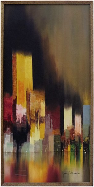 JAMES SHERMAN (20TH CENTURY) ABSTRACT CITYSCAPE.: JAMES SHERMAN (20TH CENTURY) ABSTRACT CITYSCAPE. Acrylic on canvas. Signed LR. Frame: 31" x 19" Canvas: 24" x 12"