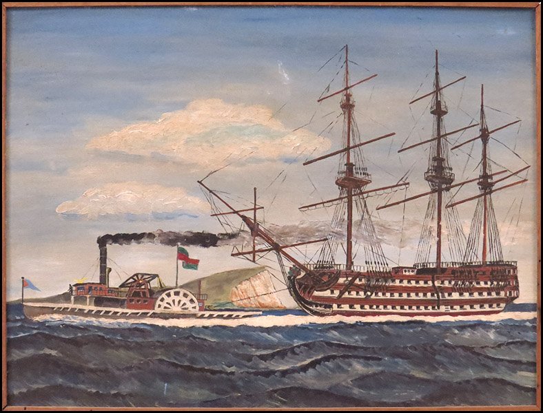DAVID F. BUTLER (20TH CENTURY) H.M.S. VICTORY BEING TOW: DAVID F. BUTLER (20TH CENTURY) H.M.S. VICTORY BEING TOWED TO PORTSMOUTH, 1959. Oil on canvas. Signed verso. Frame: 23" x 29" Board: 18" x 24"