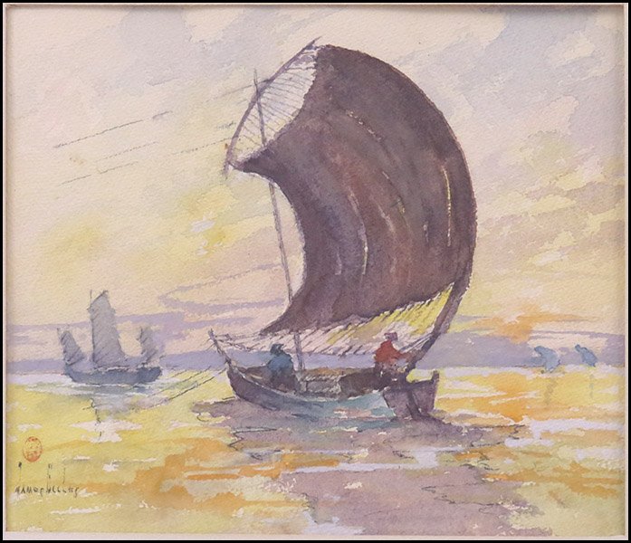 JAMES ECCLES (AMERICAN, 1884-1983) SAILING AT SUNSET.: JAMES ECCLES (AMERICAN, 1884-1983) SAILING AT SUNSET. Watercolor on paper. Signed LL. Frame: 17" x 19" Sight: 9.5" x 11.5"