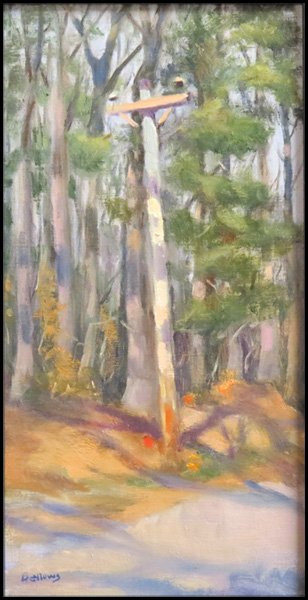 JAYNE BELLOWS (AMERICAN, 20TH CENTURY) TELEPHONE POLE A: JAYNE BELLOWS (AMERICAN, 20TH CENTURY) TELEPHONE POLE AMONG TREES. Oil on board. Signed LL Sight: 13.5" x 7" Frame: 19" x 12.5"