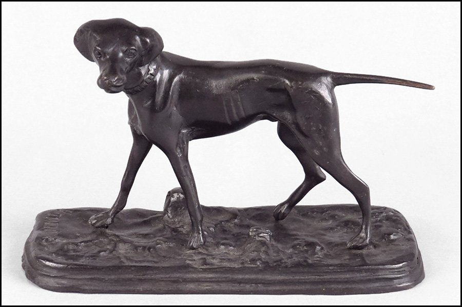 AFTER PIERRE JULES MENE (FRENCH, 1810-1879) STANDING HO: AFTER PIERRE JULES MENE (FRENCH, 1810-1879) STANDING HOUND. Bronze. Signed on the base Height: 4.5" x Length: 6.5"