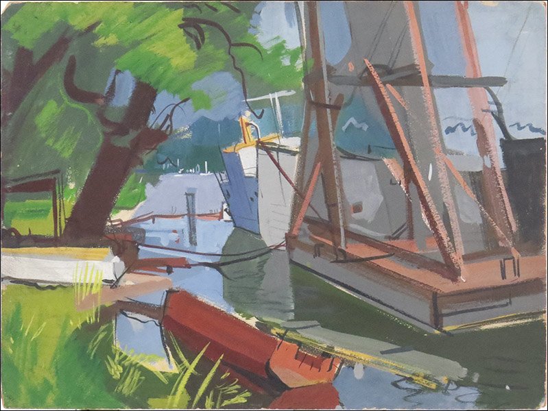 EDGAR A. RUPPRECHT (AMERICAN, 1889-1954) BOATS AT DOCK.: EDGAR A. RUPPRECHT (AMERICAN, 1889-1954) BOATS AT DOCK. Gouache on board. Unsigned. Provenance: For Art's Sake, R. H. Love Galleries, Chicago. Unframed Board: 15" x 20"