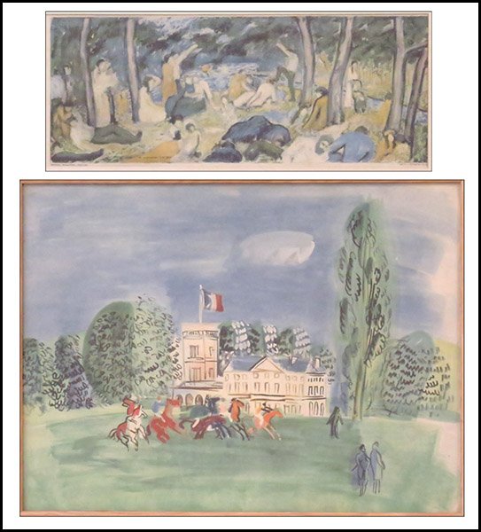 TWO MECHANICAL OFFSET PRINTS.: TWO MECHANICAL OFFSET PRINTS. Comprised of an Abraham Walkowitz print, signed "A. Walkowitz 1908" titled "Rest-Day" and a Raoul Dufy print titled "Polo" Walkowitz print sight: 8'' x 20'' Frame: 14'' x