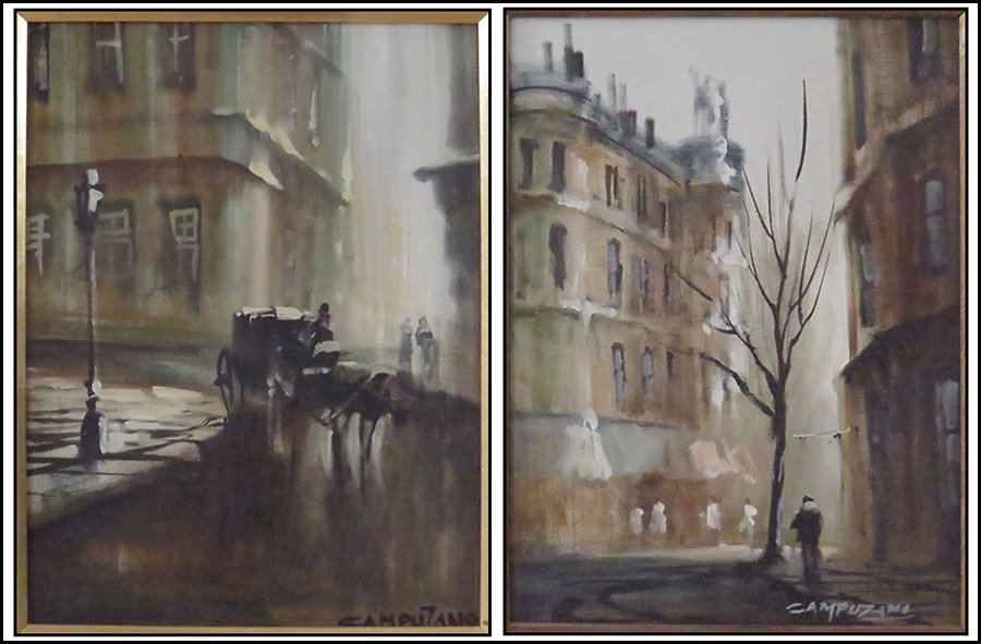 JOSE LUIS CAMPUZANO (1918-1979) TWO STREET SCENES.: JOSE LUIS CAMPUZANO (1918-1979) TWO STREET SCENES. Oil on canvas. Both signed LR "Capuzano" Sights: 16'' x 12'' Frames: 22'' x 18''