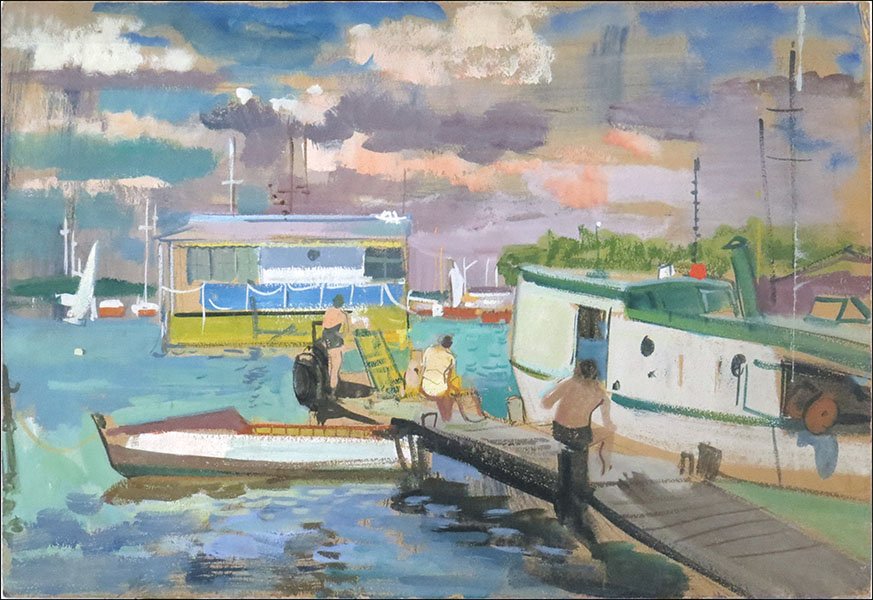 EDGAR A. RUPPRECHT (AMERICAN, 1889-1954) BOATS AT DOCK.: EDGAR A. RUPPRECHT (AMERICAN, 1889-1954) BOATS AT DOCK. Gouache on board. Unsigned. Provenance: For Art's Sake, R. H. Love Galleries. Unframed Board: 16.5" x 24"