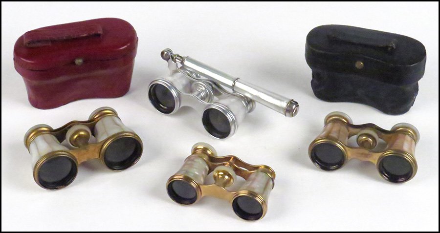 FOUR PAIRS OF OPERA GLASSES.: FOUR PAIRS OF OPERA GLASSES. Comprised of mother-of-pearl Deraisme Paris stick glasses, mother-of-pearl Colmont Paris glasses with leather case, mother-of-pearl Julius Lando glasses with red leather c