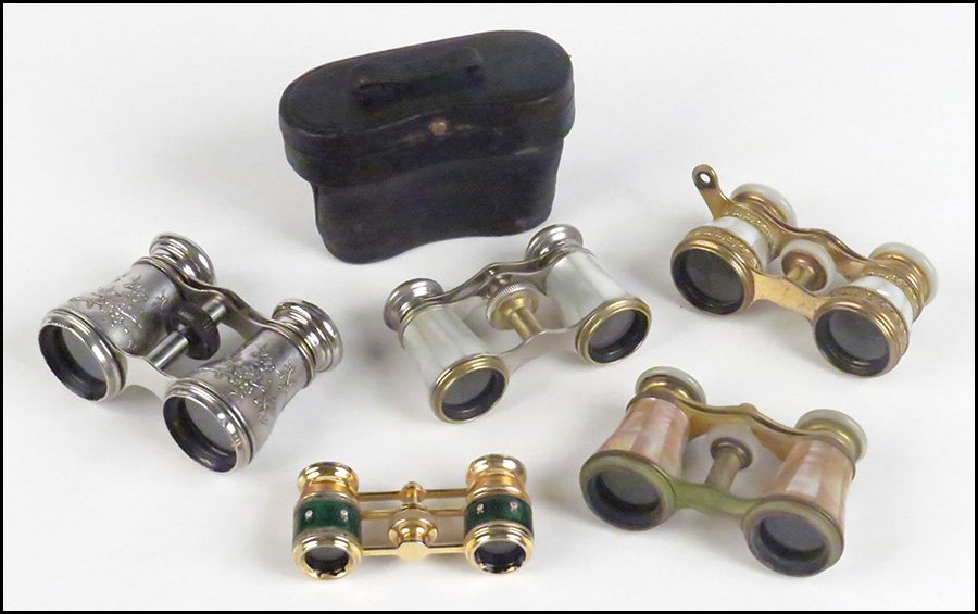 FIVE PAIRS OF OPERA GLASSES.: FIVE PAIRS OF OPERA GLASSES. Comprised of one pair Lepin Paris mother-of-pearl with leather case, a pair of Altex Paris green glass and enamel glasses, a pair of Bartholdi Paris mother-of-pearl glasse