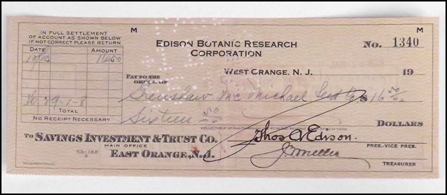 THOMAS ALVA EDISON (AMERICAN, 1847-1931) CHECK FROM EDI: THOMAS ALVA EDISON (AMERICAN, 1847-1931) CHECK FROM EDISON BOTANIC RESEARCH CORPORATION. Autographed signature "Thos A Edison." Dated January 10, 1929, two years prior to his death. From East Orange, 