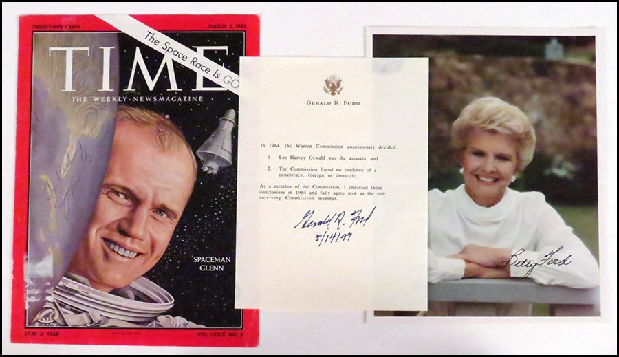 GROUP OF FOUR AUTOGRAPHS.: GROUP OF FOUR AUTOGRAPHS. Comprised of a Time Magazine Cover from 1962, signed by "John Glenn" "To Richard", a stock photo of and signed by "Betty Ford" from the Gerald Ford Museum, and a Gerald R. Fo