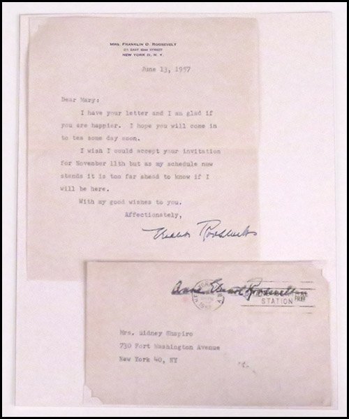 ELEANOR ROOSEVELT (AMERICAN, 1884-1962) TYPED AND SIGNE: ELEANOR ROOSEVELT (AMERICAN, 1884-1962) TYPED AND SIGNED LETTER. On Mrs. Franklin D. Roosevelt letterhead. Dated "June 13, 1957." Reads "Dear Mary: I have your letter and I am glad if you are happier.
