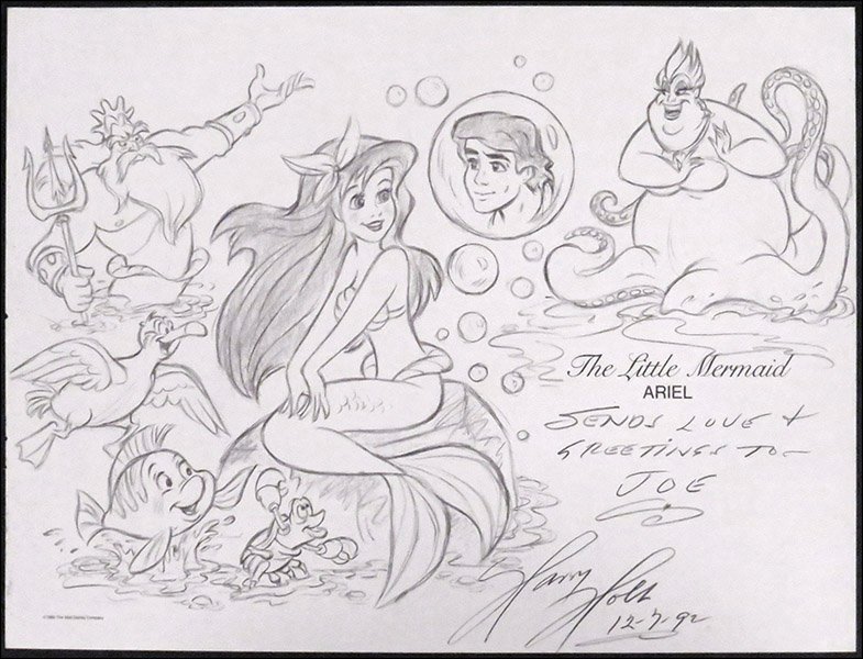 HARRY HOLT (AMERICAN, 1911-2004) PENCIL SIGNED PRINT OF: HARRY HOLT (AMERICAN, 1911-2004) PENCIL SIGNED PRINT OF THE LITTLE MERMAID. Titled the Little Mermaid, Ariel. With other animation. From 12-7-1992. "Sends love and greetings to Joe" 9'' x 12''