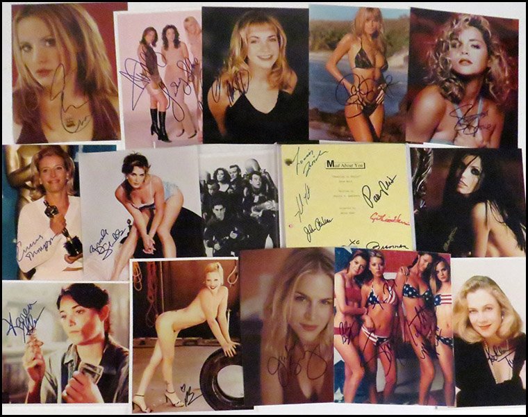 COLLECTION OF MISCELLANEOUS CELEBRITY AUTOGRAPHS.: COLLECTION OF MISCELLANEOUS CELEBRITY AUTOGRAPHS. Comprised of a signed photo from Courtney Cox, Jennifer Aniston, and Lisa Kudrow of "Friends," a signed photo of Harrison Ford and Sean Connery from "