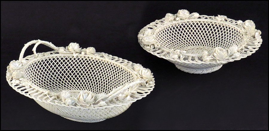TWO BELLEEK PORCELAIN BASKETS.: TWO BELLEEK PORCELAIN BASKETS. Larger: H:3.5" L:12"