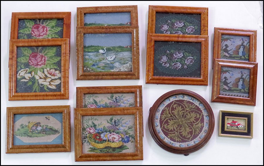 COLLECTION OF FRAMED BEADWORK.: COLLECTION OF FRAMED BEADWORK. Consisting of two Haitian figural scenes, two Swan scenes, seven floral, one of a house, and one foliate pattern in the form of a trivet Largest: 9"x9"