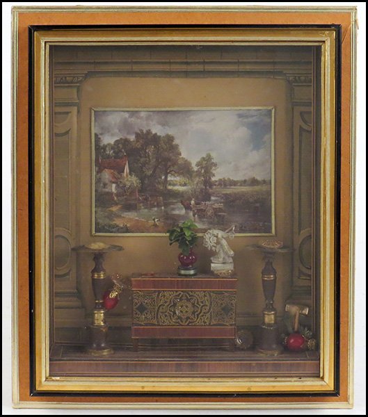NARCISSA THORNE (AMERICAN, 1882-1966) SHADOW BOX DIORAM: NARCISSA THORNE (AMERICAN, 1882-1966) SHADOW BOX DIORAMA. Purchased in 1964, depicts a front hall area with three tables and a faux peasant scene 14"x12"x2.5"